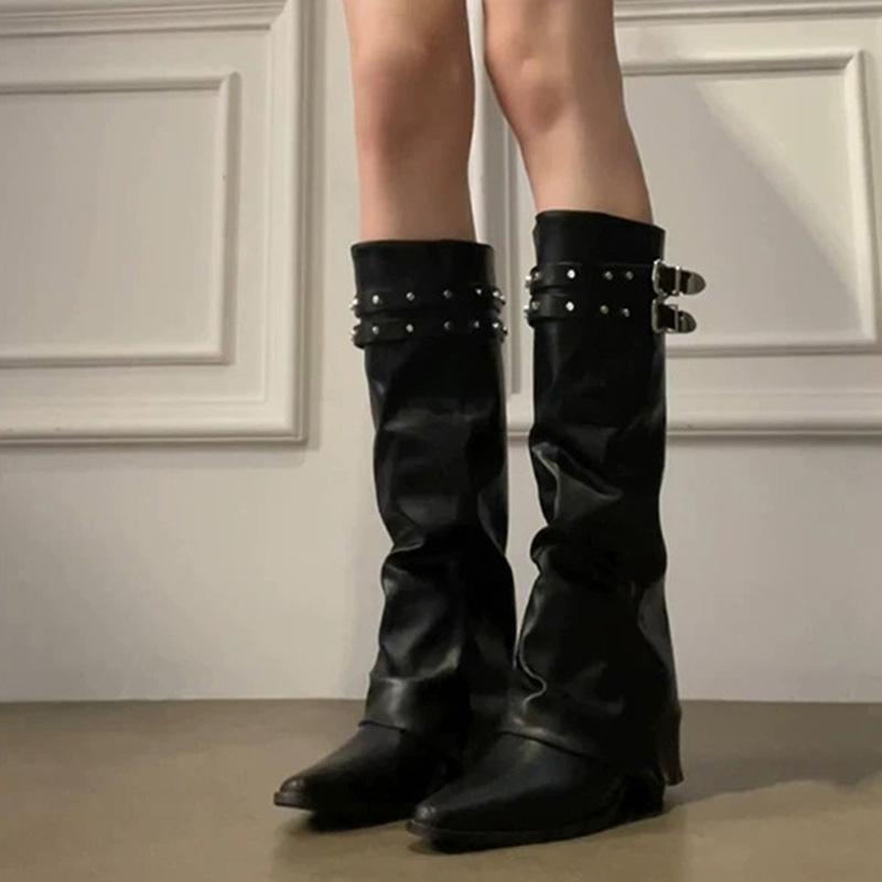 Black Pile Pants Tube Boots Long Western Boots Women's Boots British Rivet Babes High Boots Knight Boots
