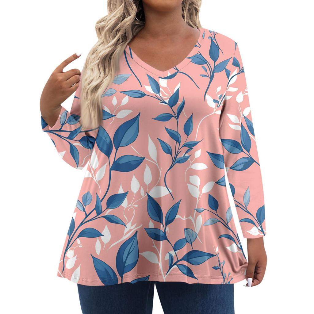 Women's Fashionable Casual Long Sleeved Plus Size Floral Print Top Plus Size Floral Print Top