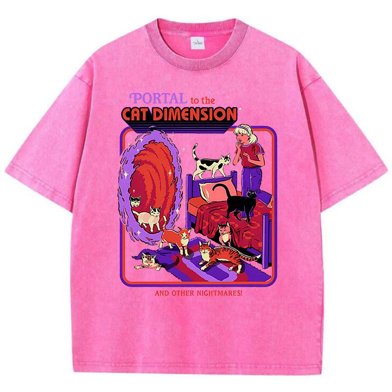 Portal To The Cat Dimension Washed Retro Men Clothes Fashion T-Shirts Streetwear Cotton Loose Tops Breathable Tee Couple
