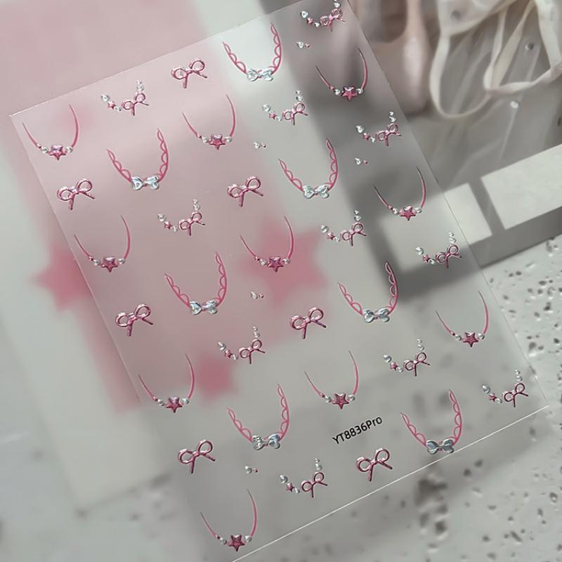 Nail Stickers Cute Bow Stars French Lace 3D Self-Adhesive DIY Nail Art Decals for Home Salon Manicure Beginners