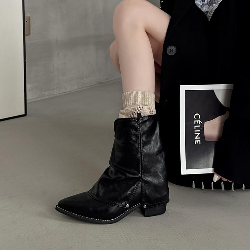 Spring and Summer Retro Casual Pointed Thick Heel Temperament Trouser Boots Autumn and Winter Solid Color Women's Western Denim Short Boots