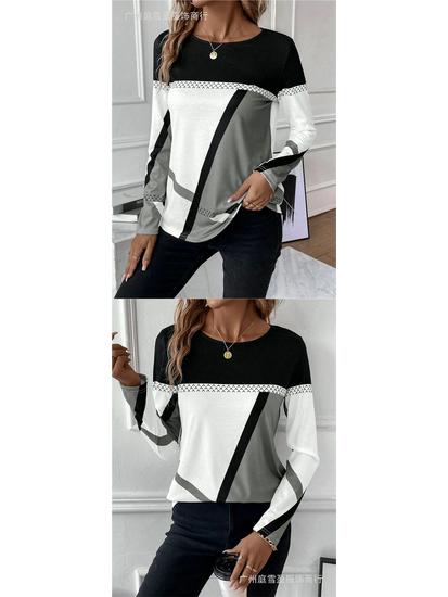 New Arrival Women's Pullover Round Neck Geometric Print Color Block T-shirt
