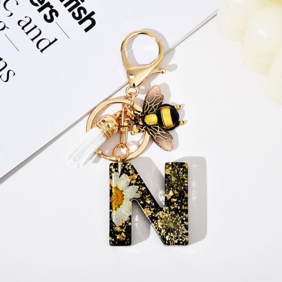 Dried Flower Letter Charm Bee Keychain Pendant Resin Black 1 Pc