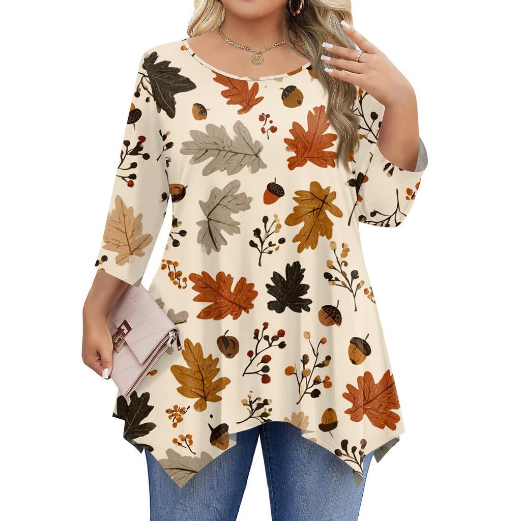 Damen Übergröße 3/4 Ärmel Shirts Rundhals Tunika Tops Basic Locker Sitzen T-Shirt Tops L-5XL