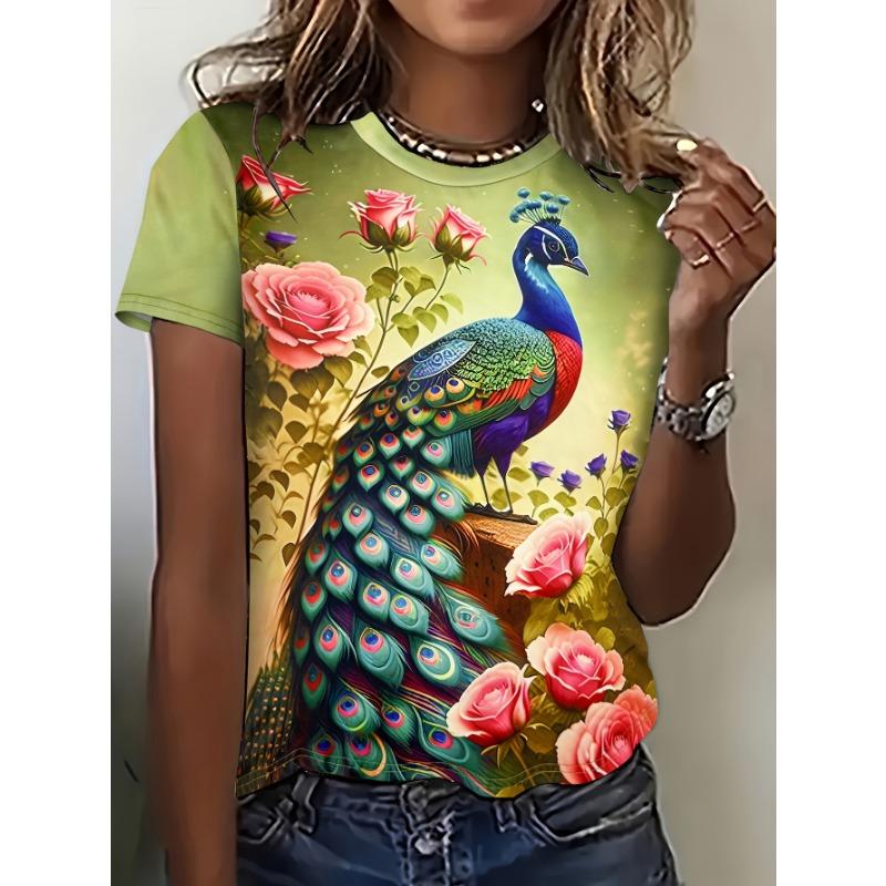 Women's Fashion T Shirt Oil Floral Pattern Fashion Short Sleeve Round Neck Short Sleeve T Shirt Top Casual Short Sleeve T Shirt