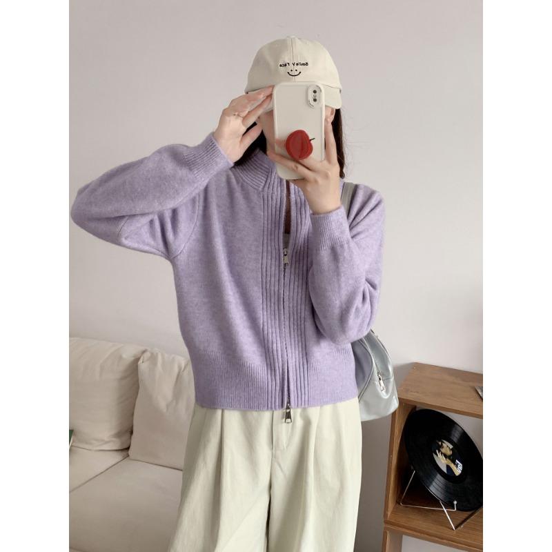 Stand-up collar zipper knitted cardigan women's autumn and winter design sense round neck loose versatile short casual sweater jacket