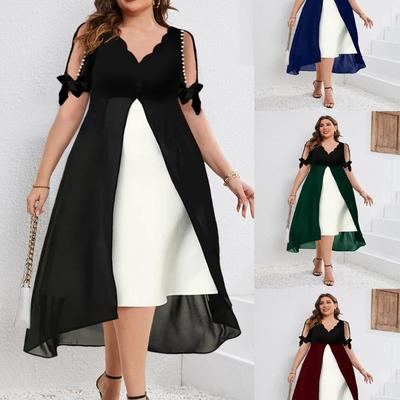 Elegantes Damenkleid mit schulterfreiem V-Ausschnitt, Patchwork-Chiffon, Faux-Zweiteiler, asymmetrisch, Übergröße