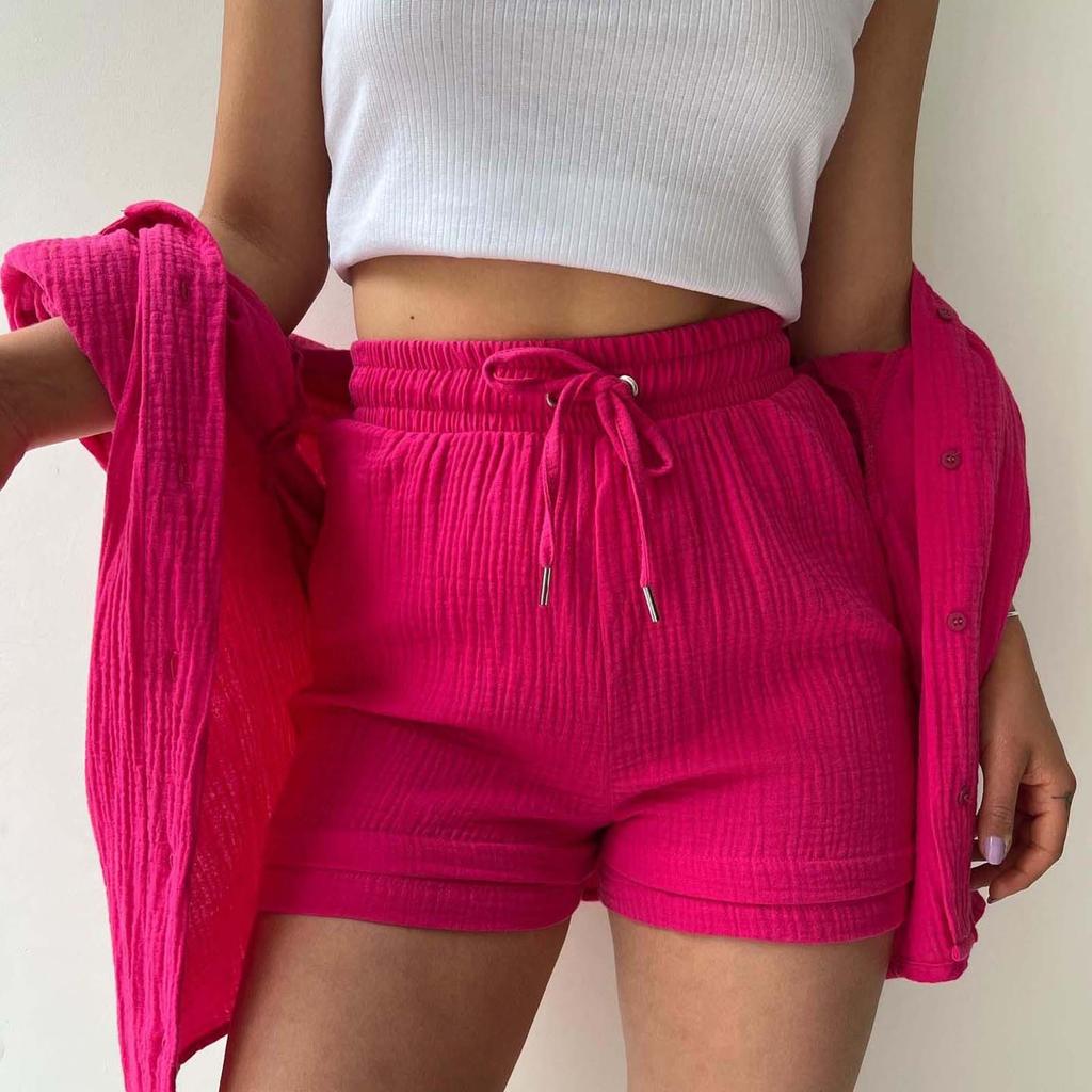 Femei 2 piese guler cu mâneci lungi cămașă ținute bluză cu nasturi și pantaloni scurți cu șnur cu talie înaltă Set de trening