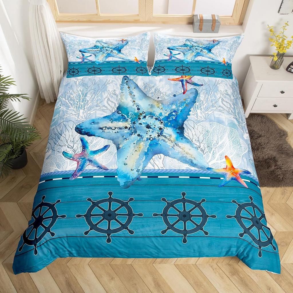 Comforter Ocean Coastal Bedding Queen Size Set Conch Seahorse Starfish Coral 3 Pcs For Kids Girls Boys Woman Room Decor