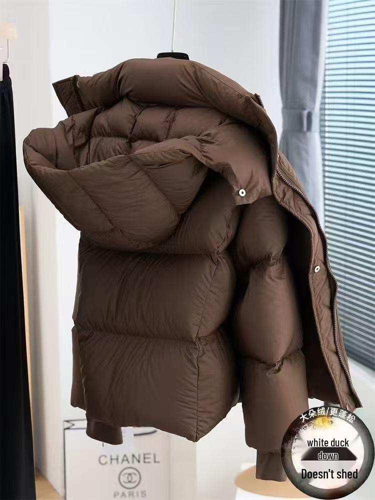 Dunjacka för damer, kort, vit, med dun av vit anka - Koreansk stil, petite passform med tjock chenille