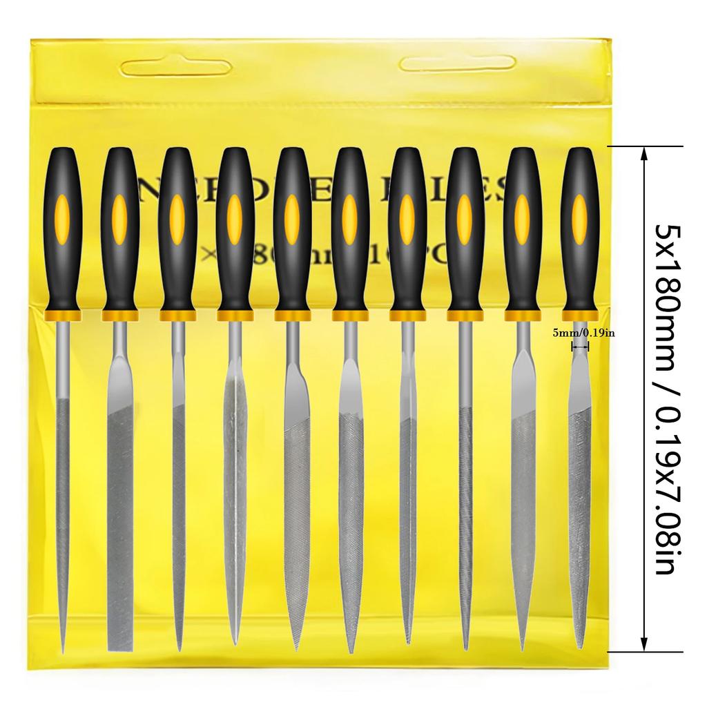 10pcs Needle File Set - Bearing Steel Files with Non-Slips Ergonomic Handles for Precise Filing on Wood 3x140mm/4x160mm/5x180mm