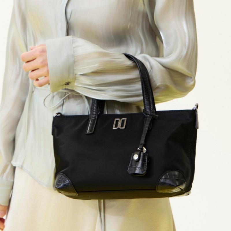 DakS Black Croco Leather Nylon Tote Bag S