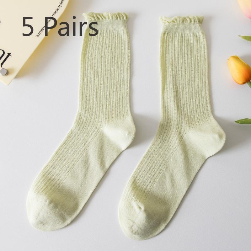 5 Pairs of New Female Spring and Summer Mesh Auricular Rimmed Boneless Pure Cotton Tube Stack Socks