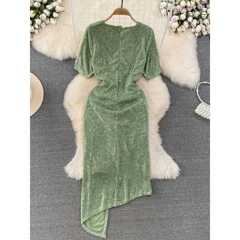 Ruched Women's Bright Silk Irregular Dress Short Sleeve