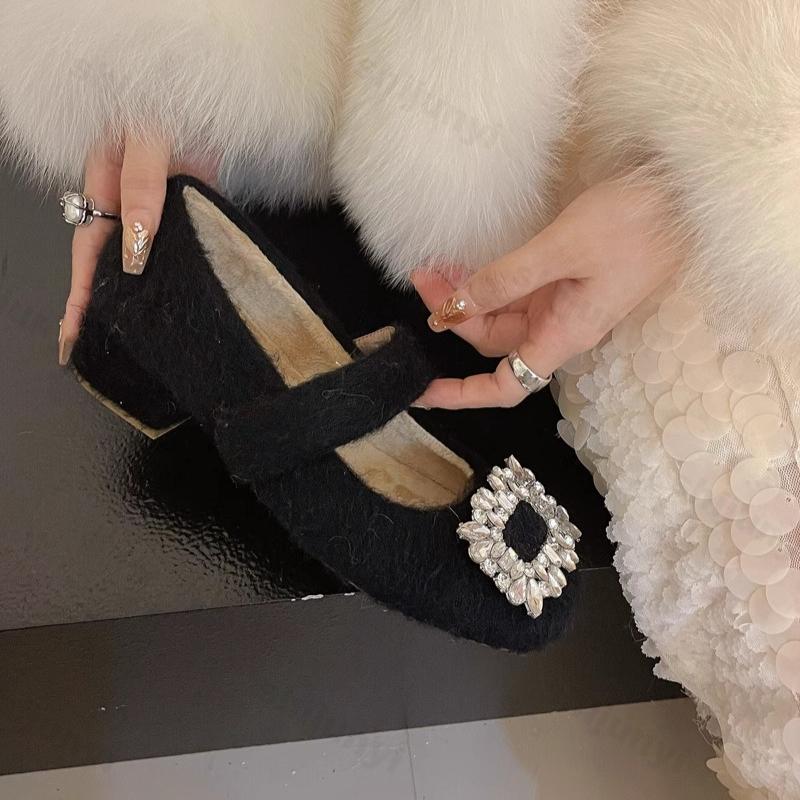 Fashion Women's Elegant Square Head Shallow Mouth Hairy Single Shoes 2025 Autumn Warm Comfortable Versatile Plush Mary Jane Cotton Shoes