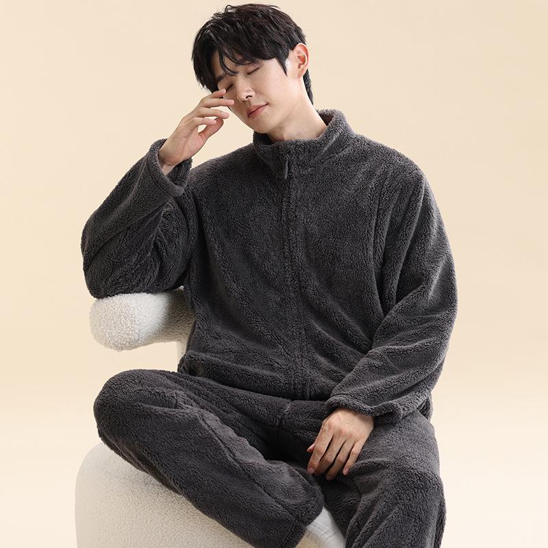 

Men s Coral Fleece Pajamas: Thick, Cozy Cotton Flannel Homewear Set with Zipper for Teens. XL темно-сірий