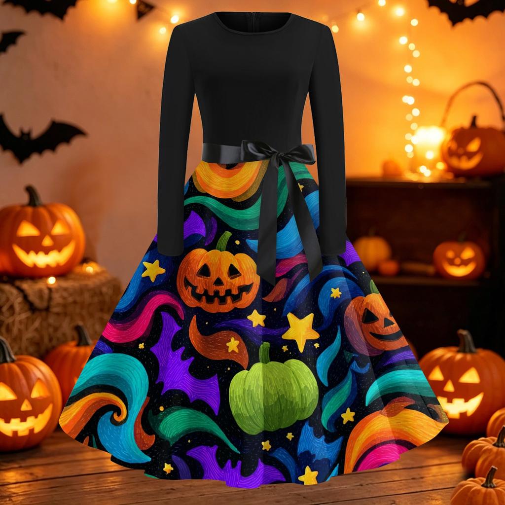 Women's Casual Long Sleeve Halloween Dress Fit and Flare Round Neck Dress with Printed Skirt and Waist Tie for Fall and Party