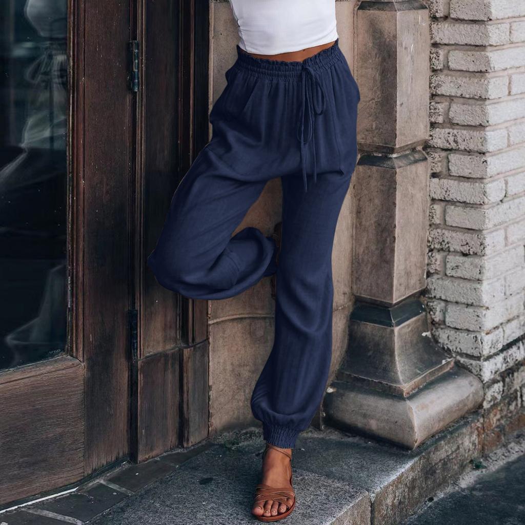 Women's Solid Color Comfortable Casual Pants Fashion Drawstring Elastic Waist Loose Belt Front And Back Pockets Pants