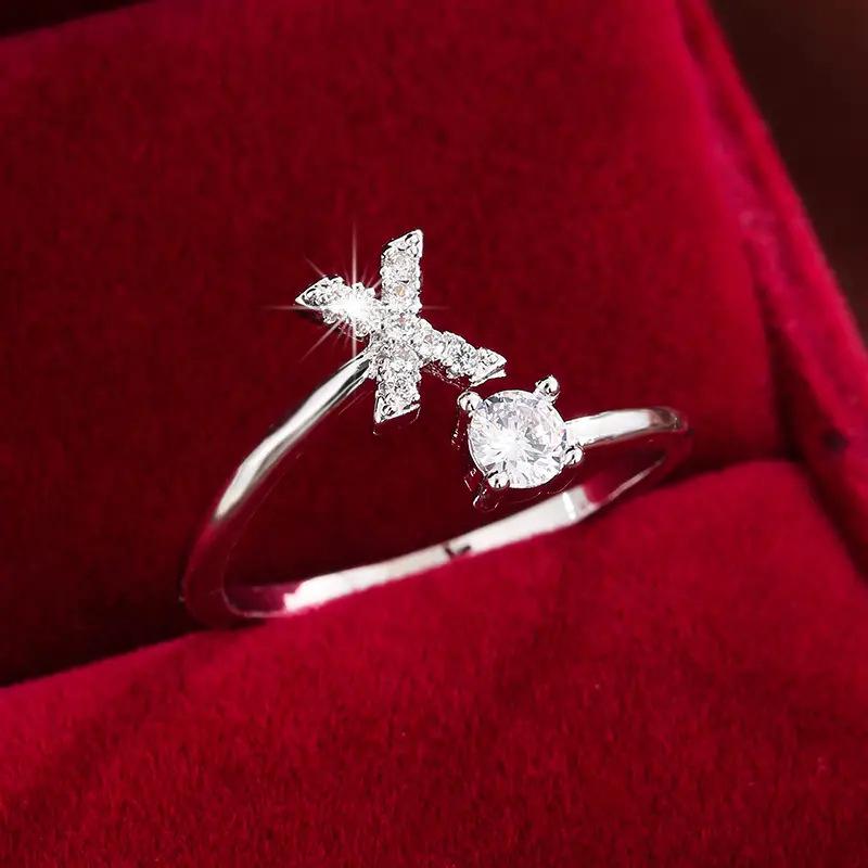 26 English Letter Micro-set Zircon Fashion Women's Ring, Copper-plated 14K Open Plain Ring