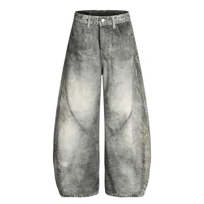 Mens Distressed Wide Leg Denim Pants With Deconstructed Patchwork Design Water Washed Gradient Effect Relaxed Fit