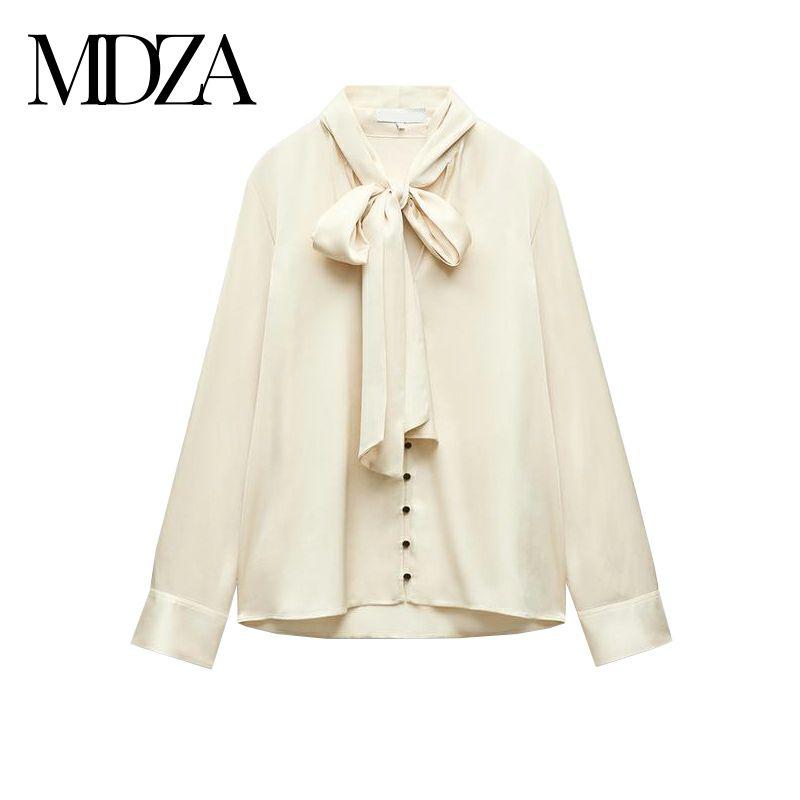 

Za Fall and Winter New Women s Clothing Fashion Style Polo Collar Long Sleeves Bowknot Decoration Silk Satin Textured Shirt 9824312 raw white L