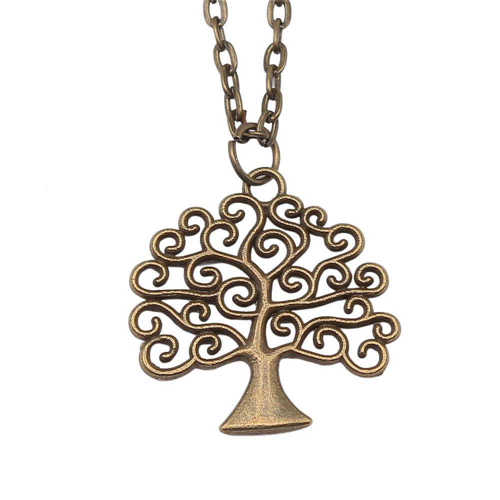 Vintage Rose Flower Charm Necklace Tree Of Life Pendant Antique Jewelry 43cm Chain