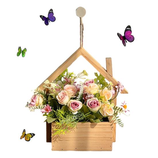Wood Wall Planter with Artificial Plants, LED Lighted Rustic Farmhouse Wall Decor, Hanging Fake Plants Flowers Holder Vase for Bedroom Living Room