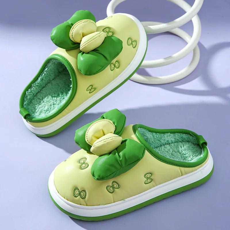 Winter Warm Plush Slippers for Women Home Warm Non-slip Thick Bottom Fluffy Slippers Bows Cotton Slippers Couple Winter Slides