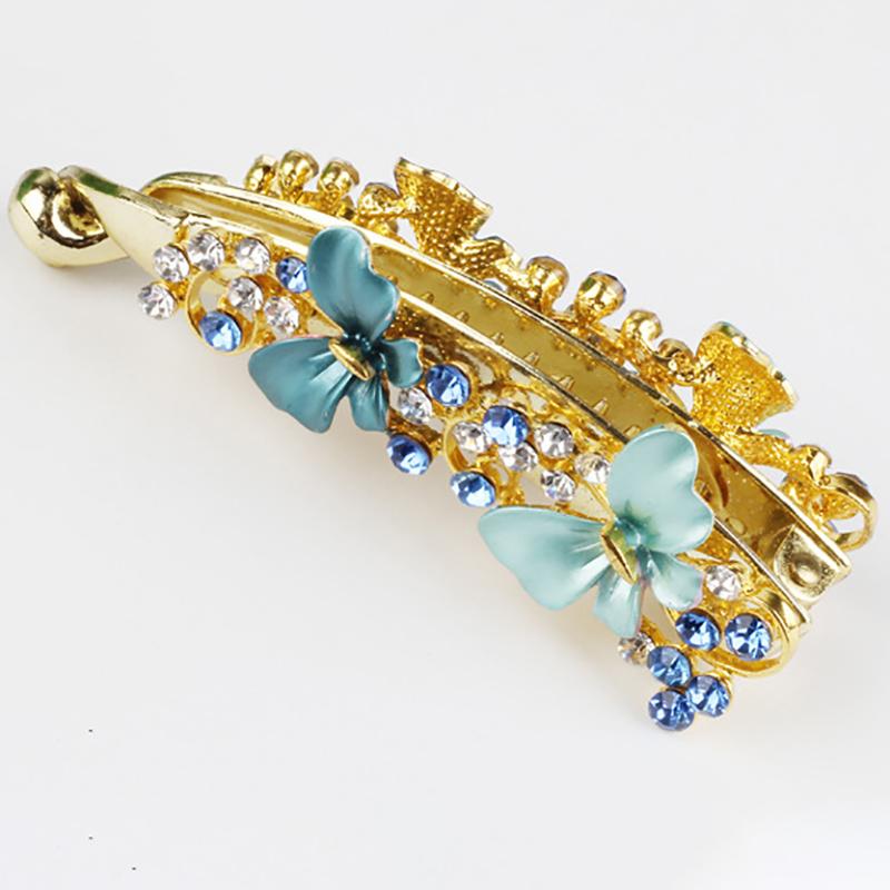 Women Elegant Crystal Diamond Hairpin Resin Butterfly Shaped Banana Hair Clip Claw Ponytail Holder Headwear Barrette