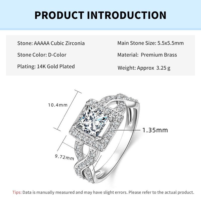 Rrjzz 1CT Princess Cut CZ Simulated Diamond Wedding Engagement Proposal Ring 14K Gold Plated Square Halo Ring for Bridal Jewelry 5