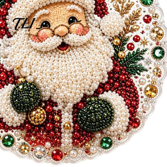 Transparent Acrylic Craft Decor Christmas DIY Faux Diamond Painting Hanging, Santa Wreath Pendant, Pearl Red Green Gifts Beads Kit for Wall