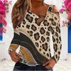 Women Plus Size Leopard Printed Asymmetric Cutout Neck Cold Shoulder Long Sleeve Fitted Top