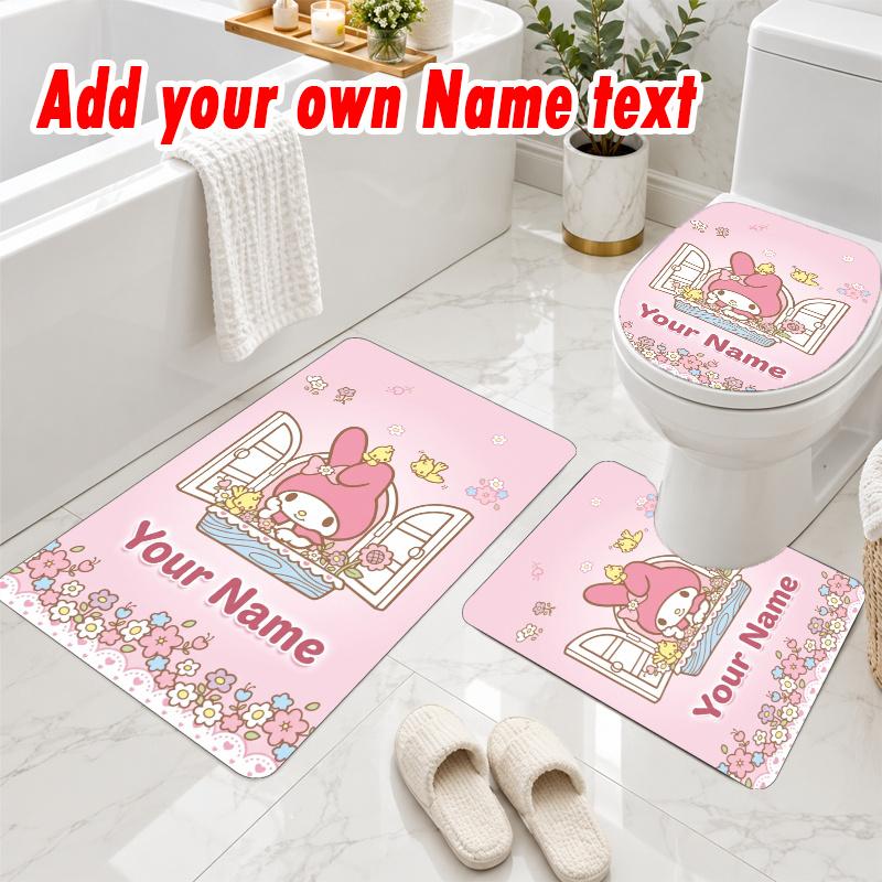 Personalized My Melody 3Pcs Flannel Toilet Mat Set Custom Text Bathroom Rug Non Slip