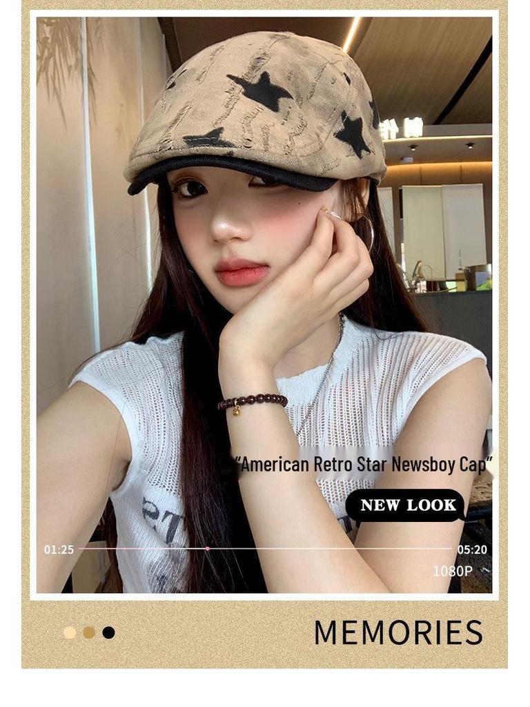 Korean Style Women's Versatile Distressed Star Newsboy Cap, Reversible Trendy Beret for Large Head Circumference