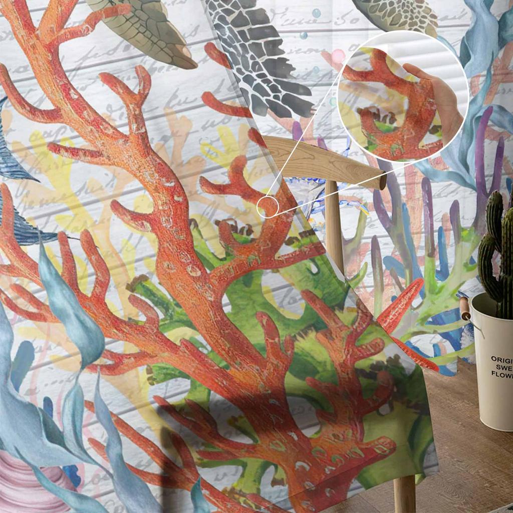Turtle Coral Fish Starfish Crab Tulle Window Curtains for Bedroom Luxury Home Decor Drapes in Living Room Chiffon Panels