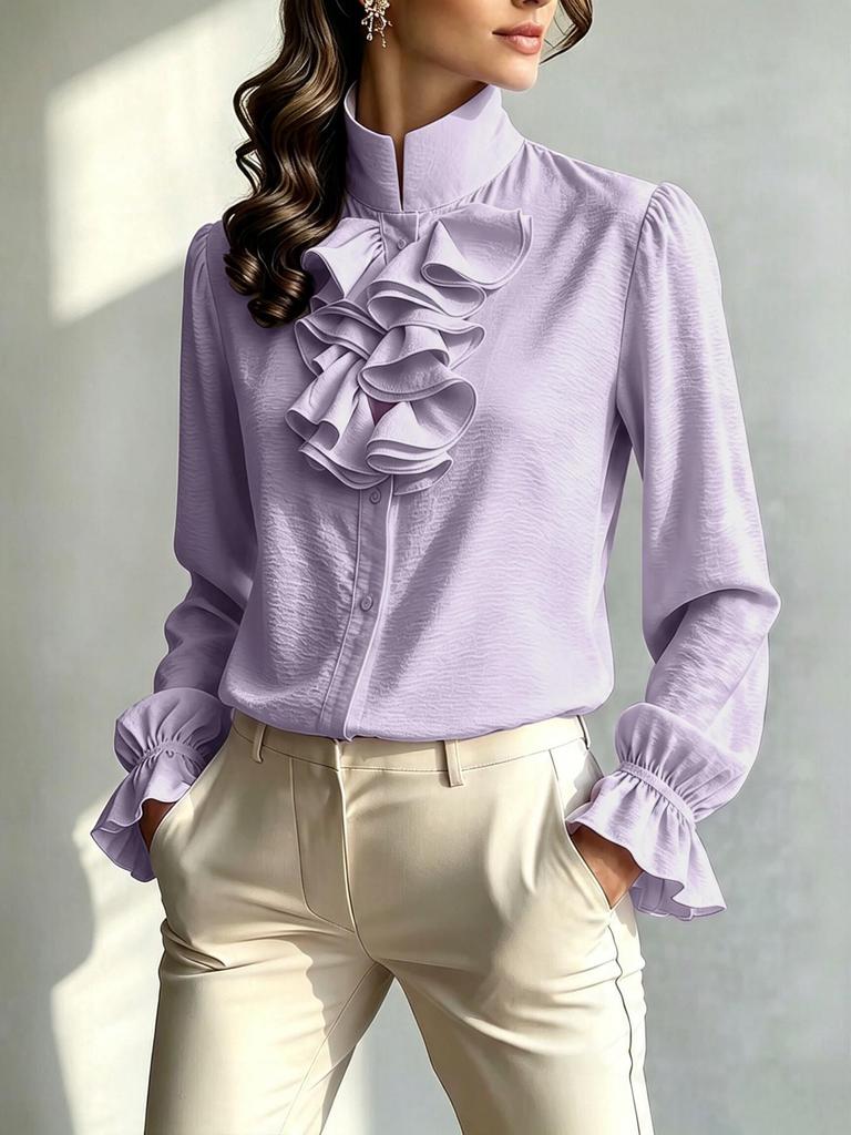 Dames 2025 Europese Stijl Ruches Opstaande Kraag Los Blouse