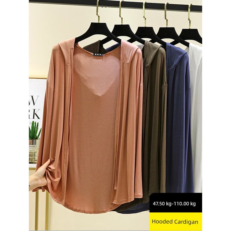 Long Sleeves Modal Hooded Cardigan Women's Thin Loose Outer Wear Sun Protection Top Plus Size Loose Pure Color Casual Outwear
