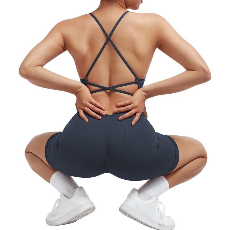 Women Strappy Romper Seamless Jumpsuit Tummy Control Padded Sports Bra