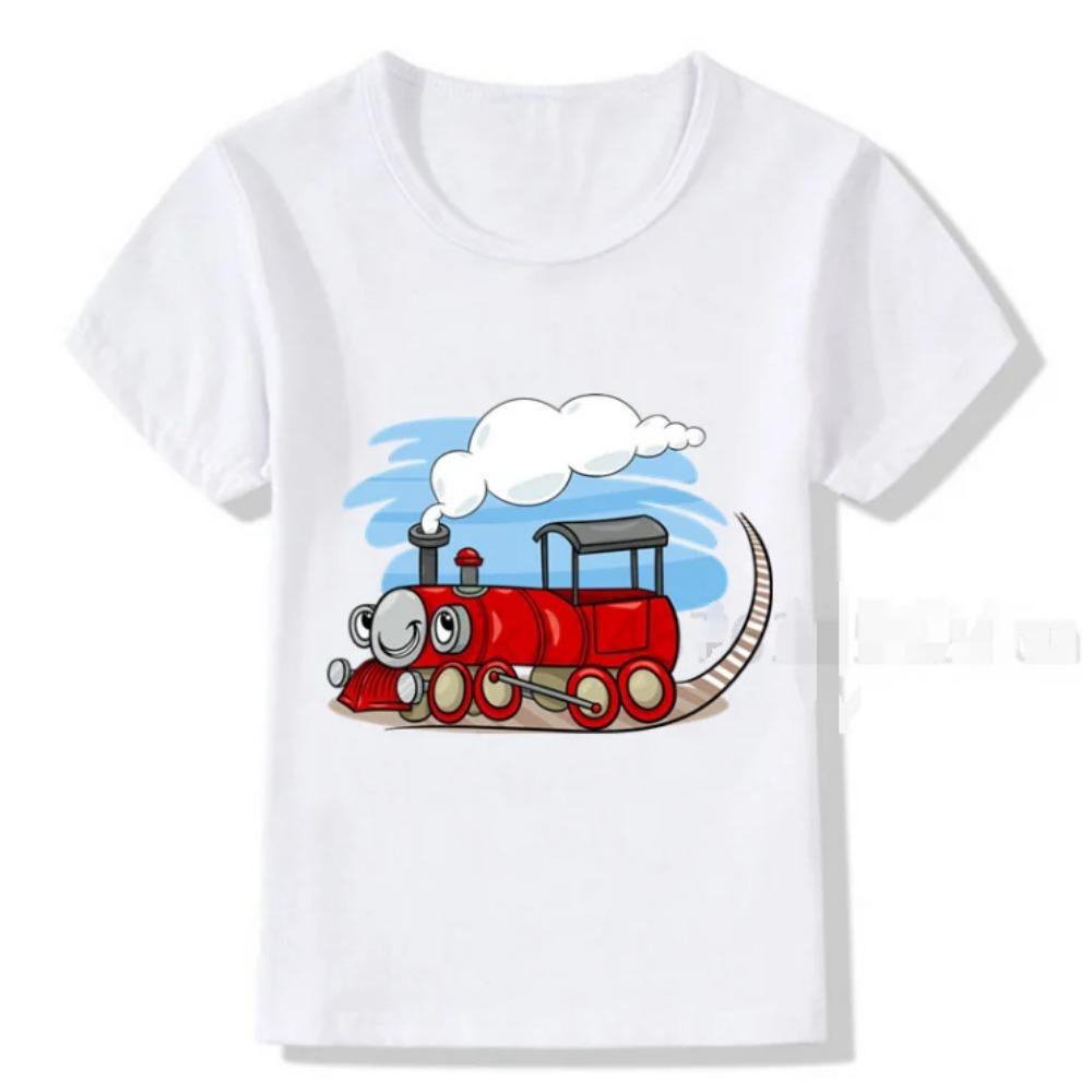 Cartoon Freight Train Baby Boys White T-shirt Funny Summy Kids Fashion Streetwear Tops for Favorite Child