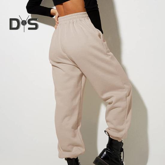 Women Pants High Elastic Waist Ankle Banded Solid Color Casual Soft Warm Pockets Loose Spring Fall Sweatpants Jogging Trousers