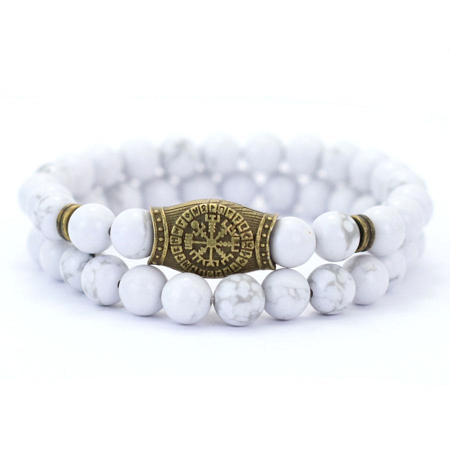 2Pcs Retro Viking Bracelet Set Men 8mm Volcano Howlite Hematite Stone Healing Braslet Meditation Yoga Prayer Strand Braclet Gift