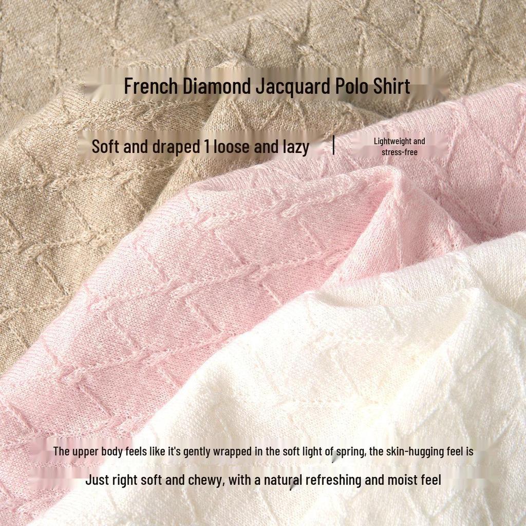Women's Short Sleeve French POLO Collar Diamond Jacquard Knit Top - 54.7% Wool, 45.3% Linen