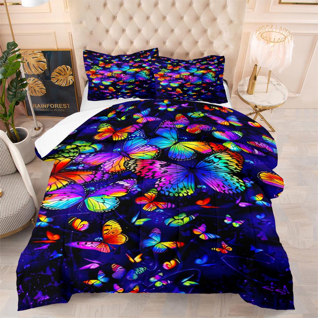 Butterfly Print Comforter Set - 3 Piece Set - Colorful Butterfly Design - Microfiber Comforter Cover