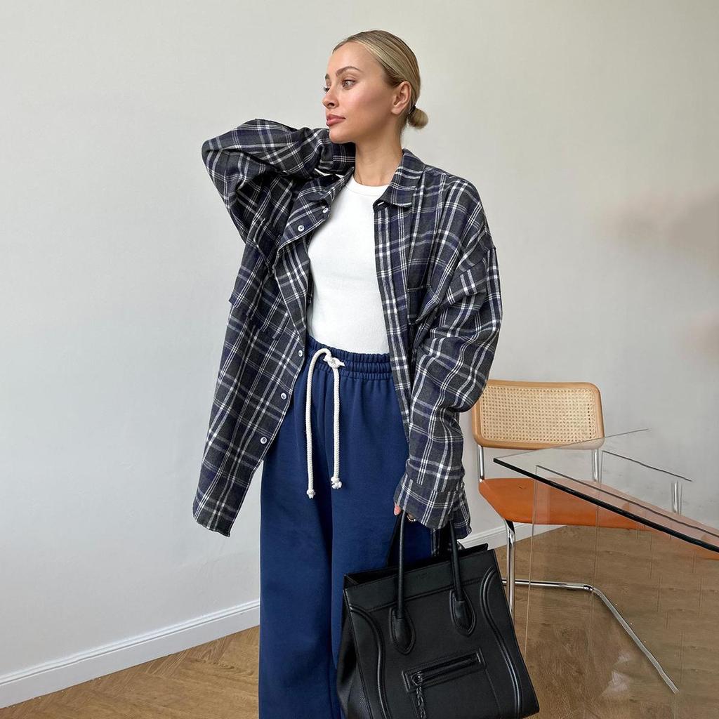 Frauen Frühling Herbst Temperament Plaid Anzug Kragen Langarm Hemd Blusen