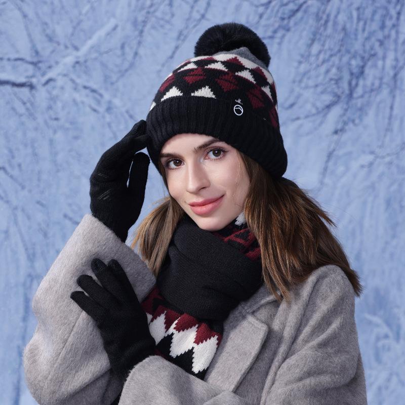 Winter Warm Hat Scarf Three-piece Set Women's Outdoor Velvet Coldproof Cap Knitted Wool Cap