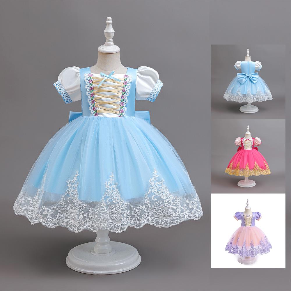 Children's Bow Girls Dress Rapunzel Mesh Dress Sleeping Beauty Bubble Sleeve Dress Dress