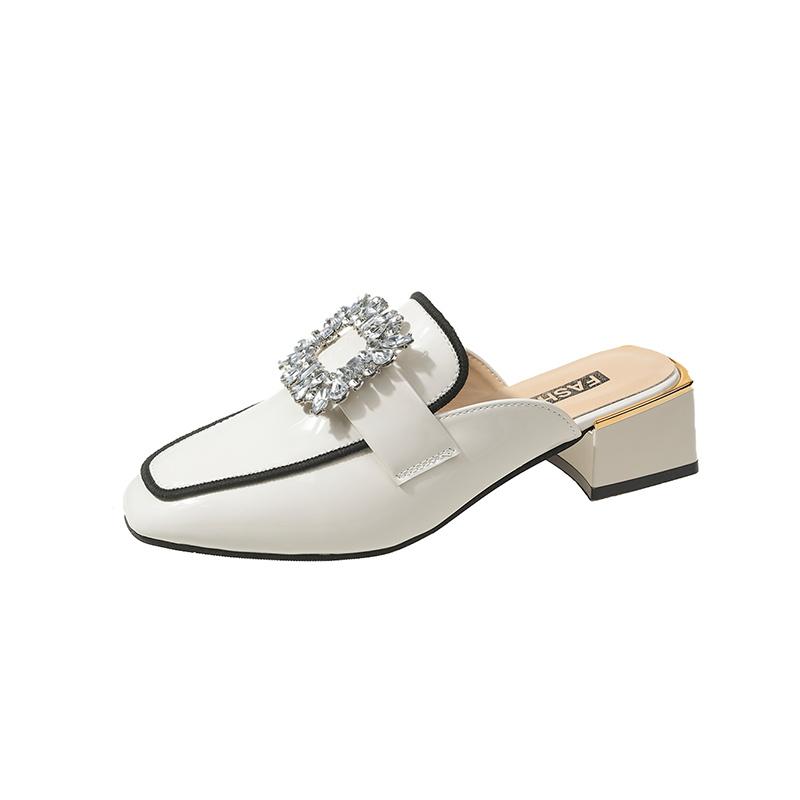 

Fashion Luxury Crystal Mules Woman Closed Toe Slip-on Heel Sandals Ladies Contrast Design Outdoor Slides with Rhinestone Square Buckle 35