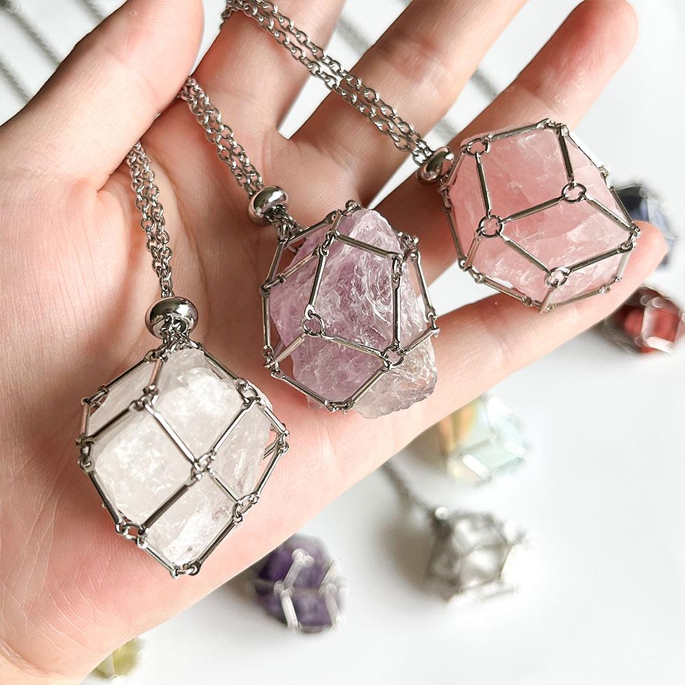 Raw Crystal Holder Necklace Cage for Stones DIY Adjustable Natural Gemstone Pendant Necklace Jewelry Colorful 2-4cm