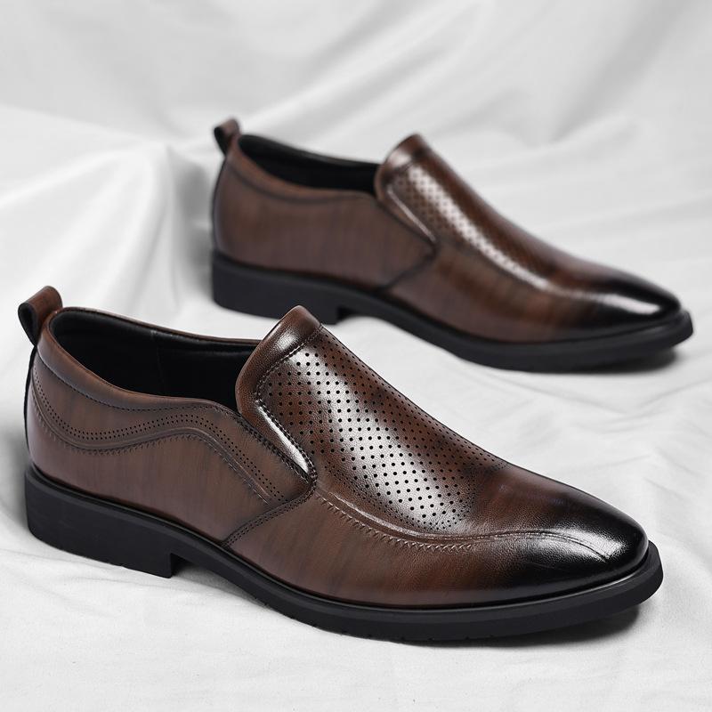 Men's shoes spring summer 2025 hollow breathable dress leather shoes one pedal foot cover office shoes 2025
