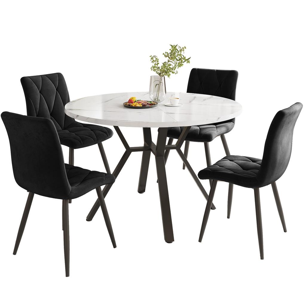 Esstisch und Stuhl Set (5-teilig), Moderner, Schlichter Runder Tisch mit Marmorplatte und Schwarzen Metallbeinen + 4 Ergonomische Stühle aus Schwarzem Wildleder